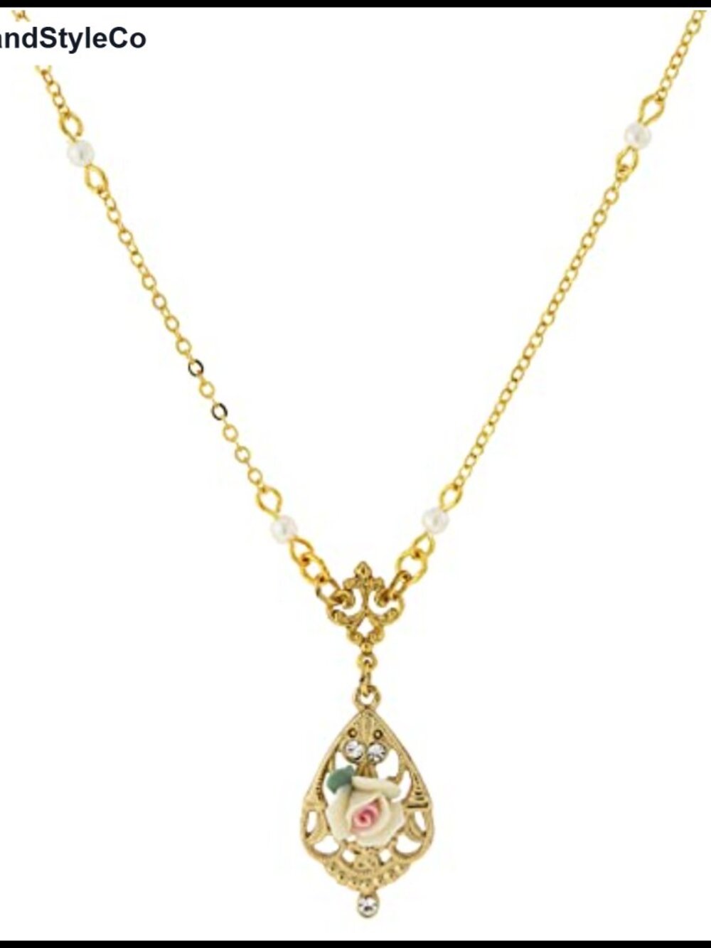 Vintage Style Porcelain Rose Pendant Necklace 17" Gold Tone 14k Gold-Dipped